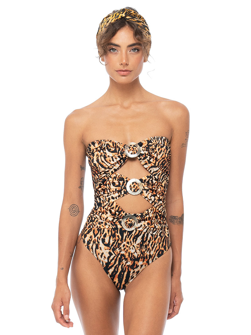Athena Bathing Suit Tiger Print, Shell Buckle Cutout Lily Jean