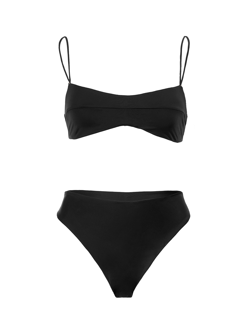 Bandeau bikini top and high-cut bikini bottoms in black - ghost front view