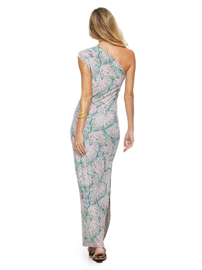 Caladia Maxi dress in Caladium print, styled with Margot flats, back view - worn by model