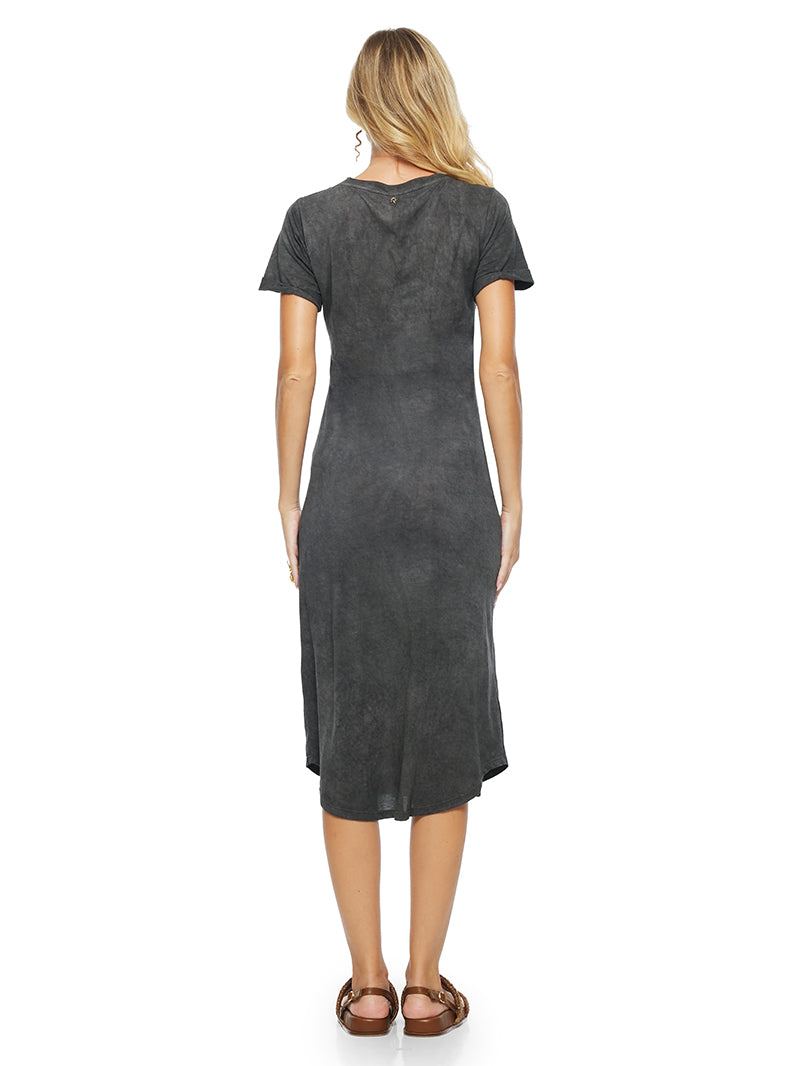 Elea Midi Dress in Grey Wash, styled with Charlie flats, back view - worn by model