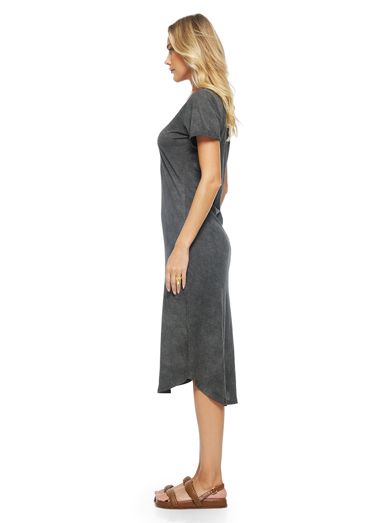 Elea Midi Dress in Grey Wash, styled with Charlie flats, side view - worn by model