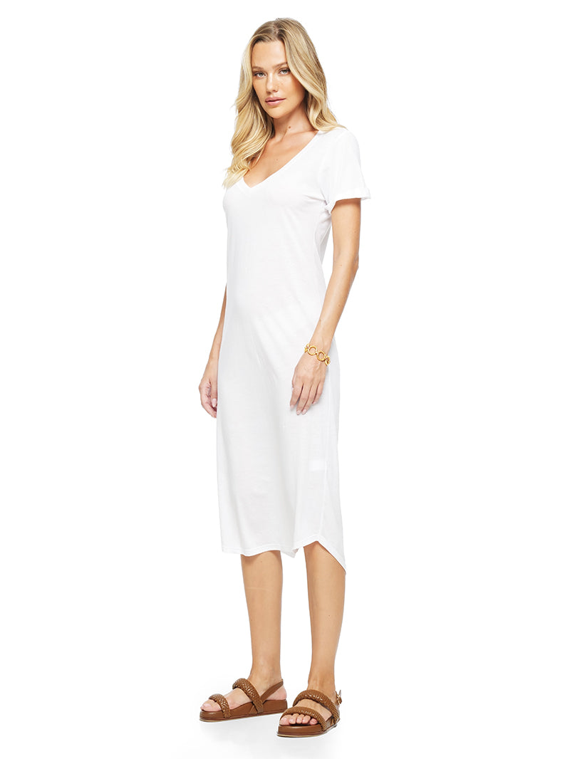 Elea Midi Dress in White styled with Charlie flats, side view - worn by model