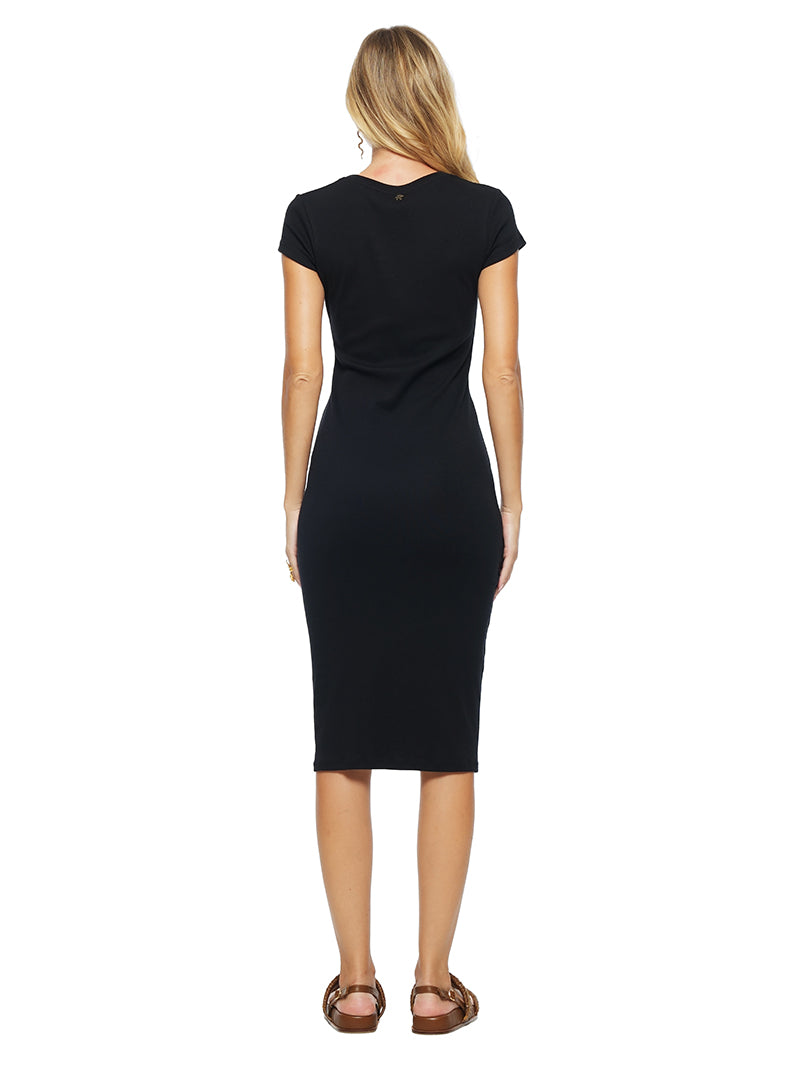 Fama Midi Dress in Black, styled with Charlie flats, back view - worn by model