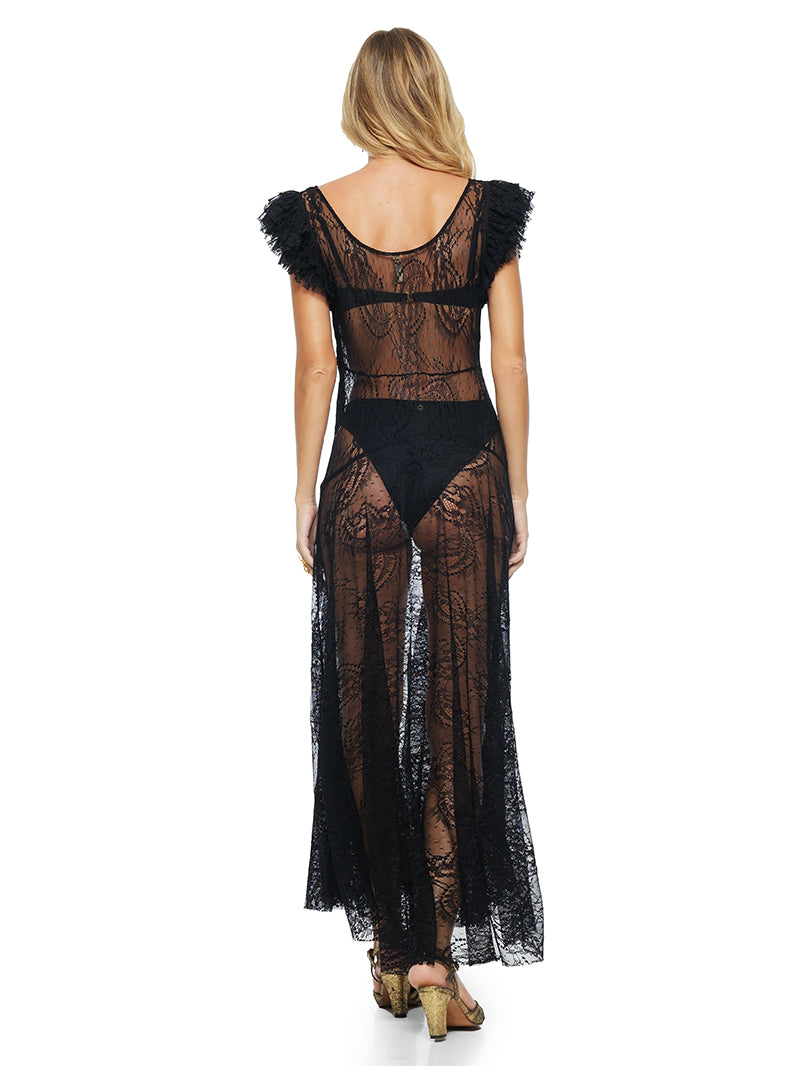 Fortuna black lace dress styled with HIgh bikini and Margot heels, back view - worn by model