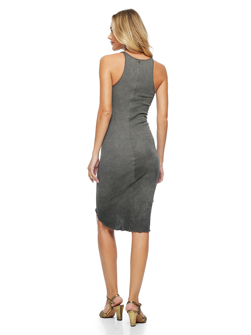 Freya midi dress in grey wash styled with Margot heels, back view - worn by model