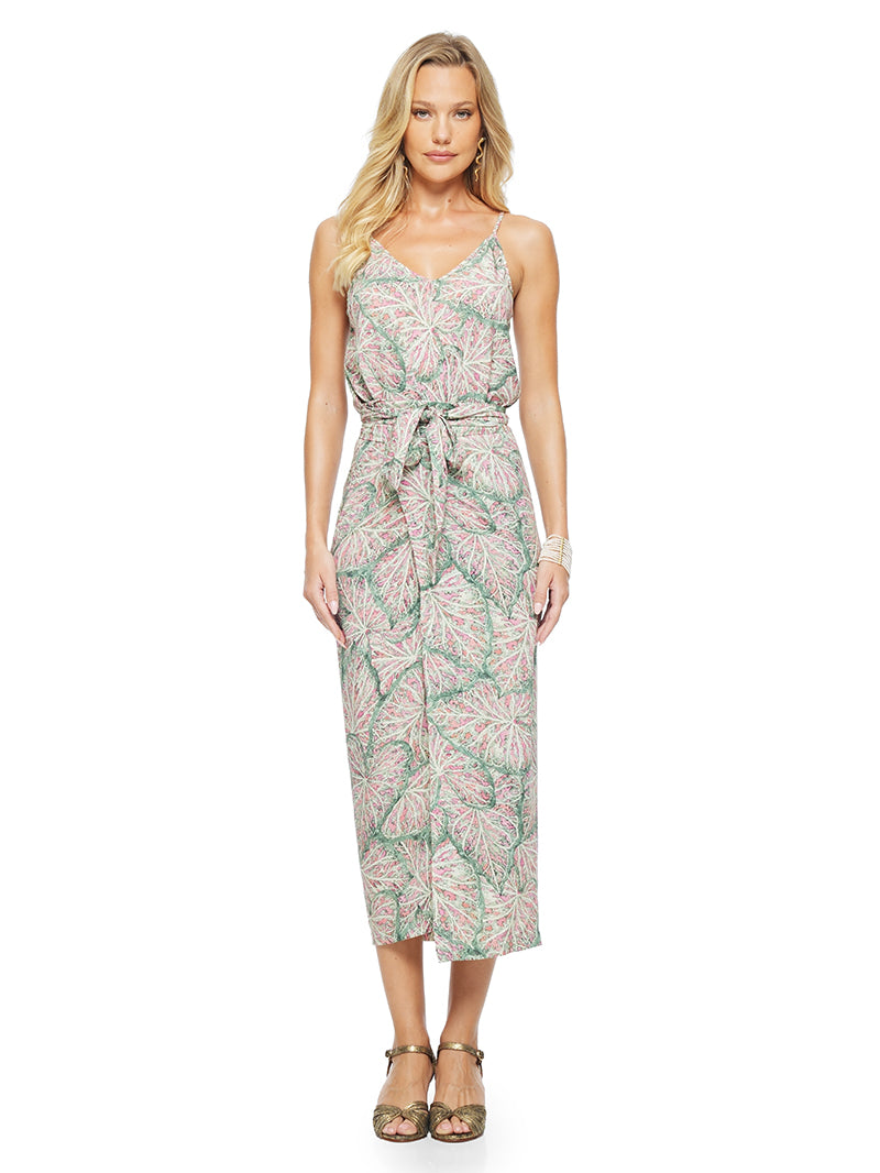 Gauri Midi Dress in Caladium prints, styled with Margot heels, front view - worn by model