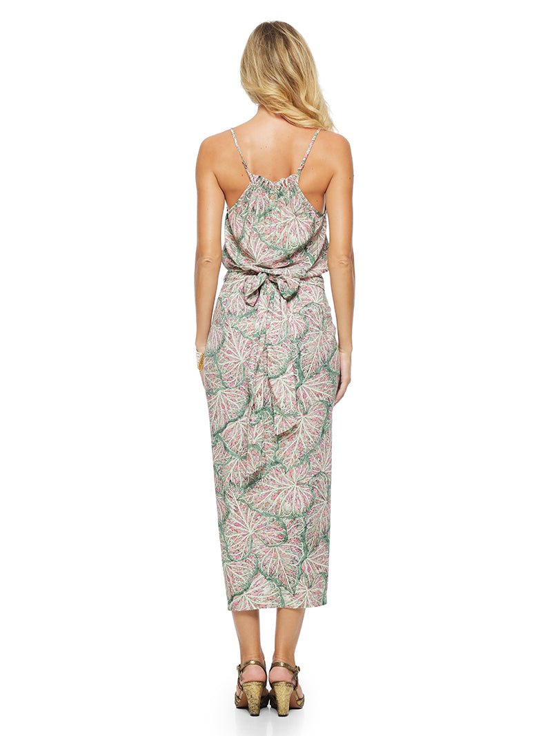 Gauri Midi Dress in Caladium prints, styled with Margot heels, back view - worn by model