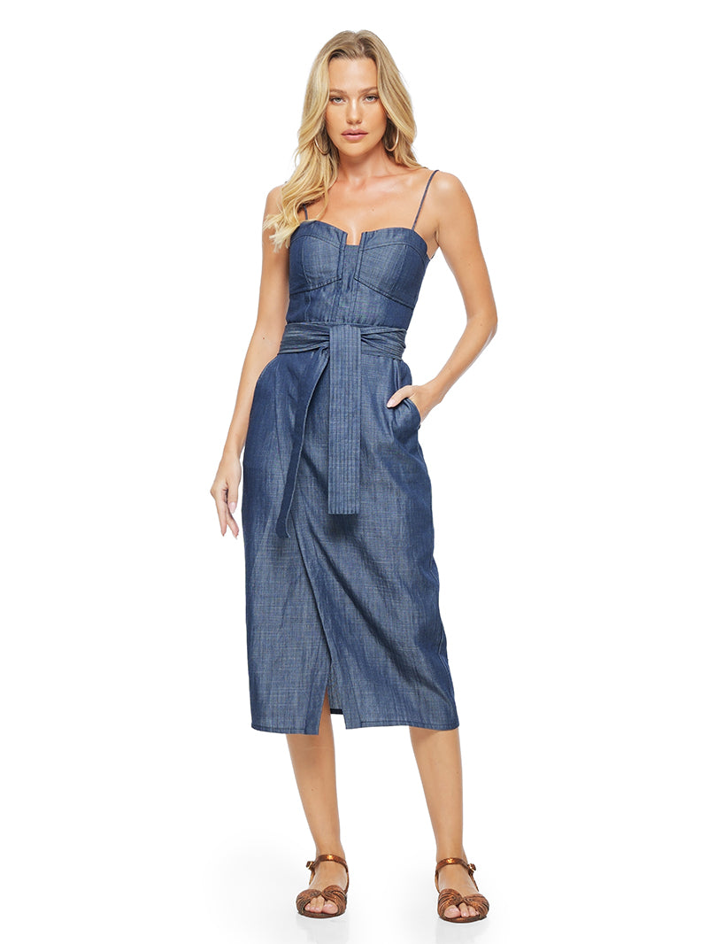 Gina Midi Dress styled with Margot flats, front view - worn by model