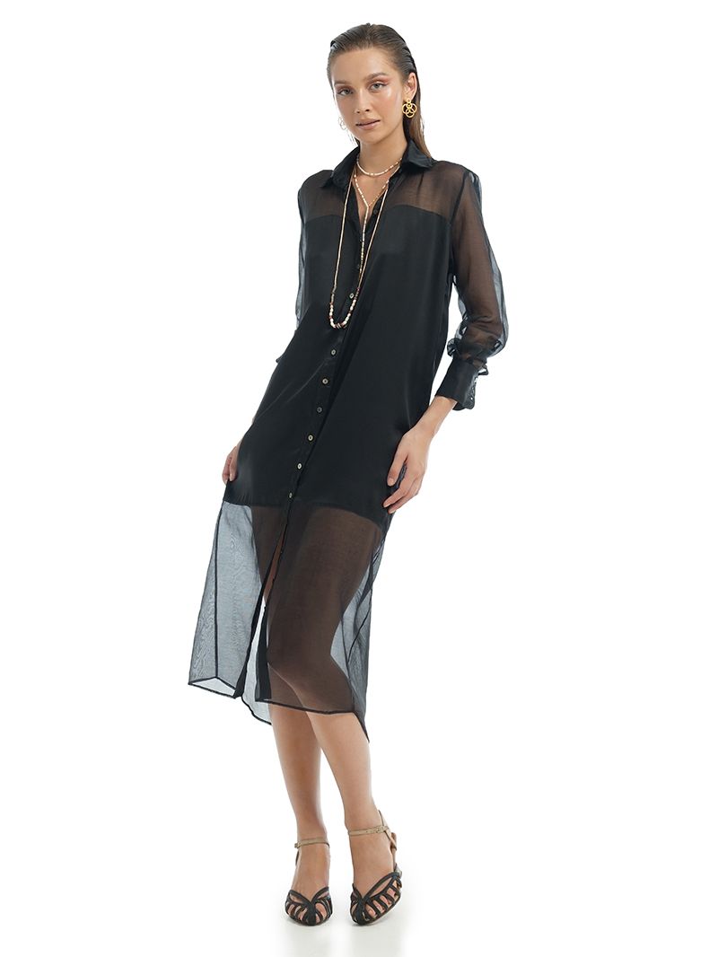 Josie Shirt Dress in black, front view - worn by model