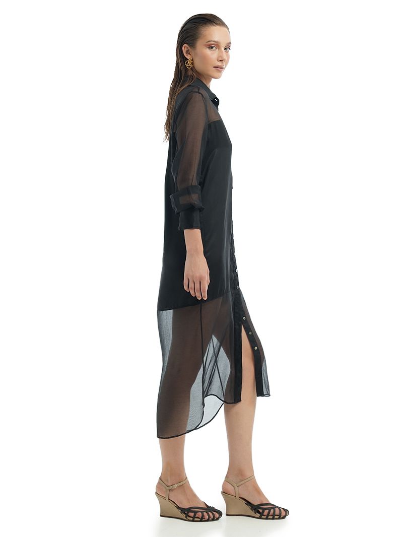Josie Shirt Dress in black, side view - worn by model