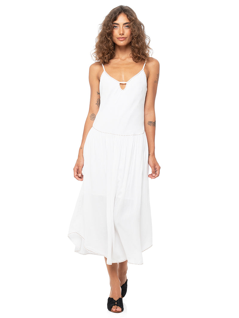 Jackie Wide Ruffle Hem Pinafore Midi Dress White  White midi dress, Mid  length dresses, White dress