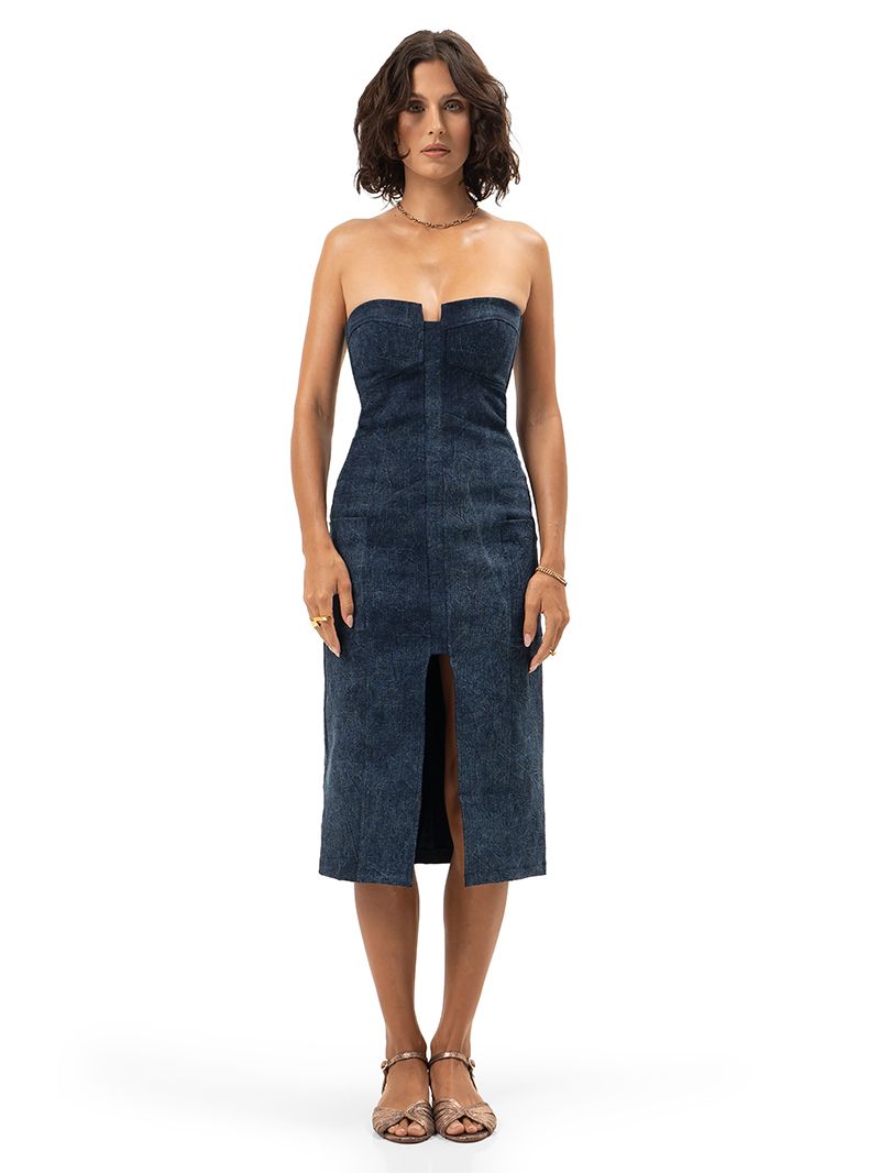 Lada midi dress in blue denim, styled with Margot flats, front view - worn by model