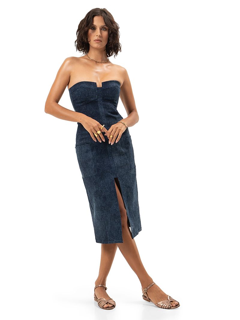 Lada midi dress in blue denim styled with Margot flats, front view - worn by model