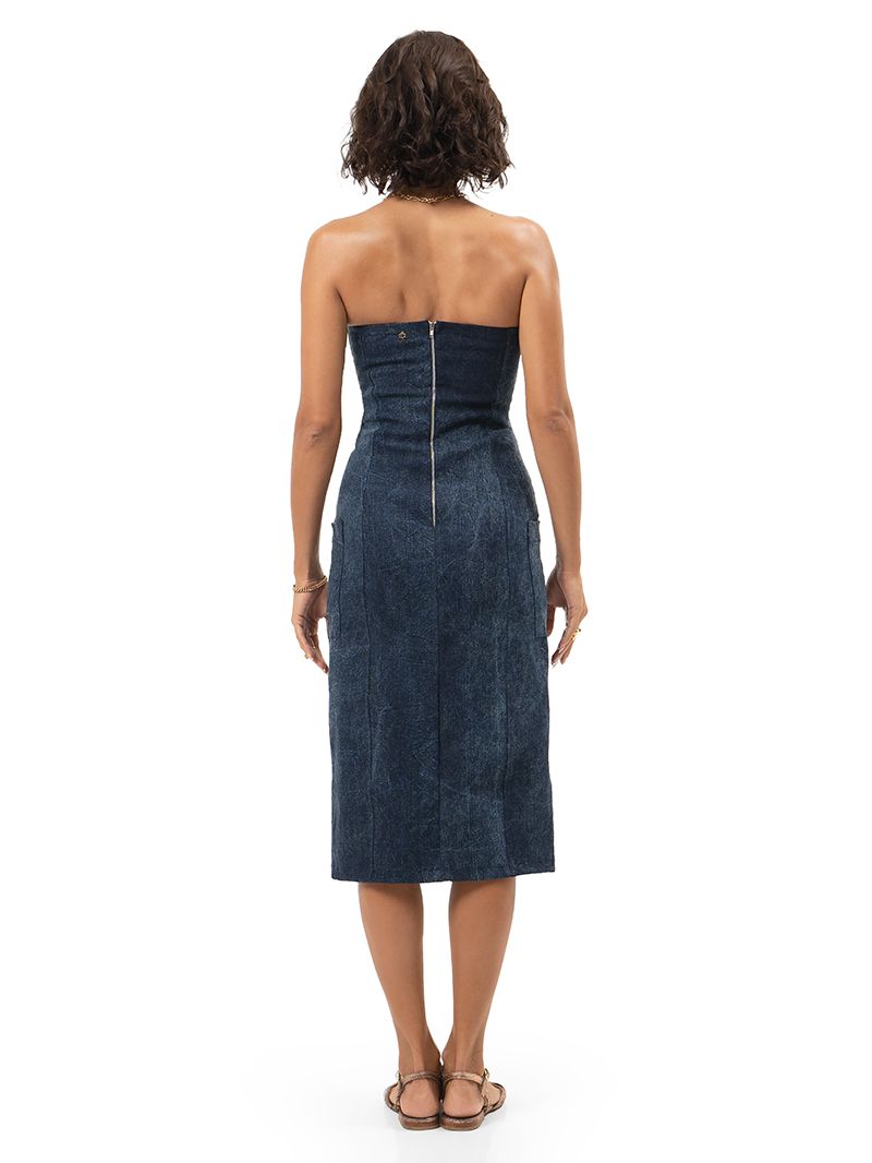 Lada midi dress in blue denim, styled with Margot flats, back view - worn by model