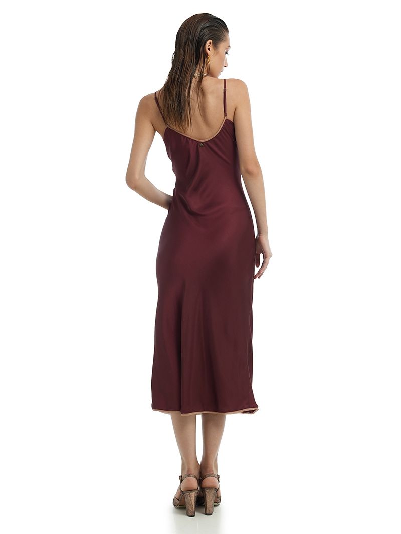 Melody Slip Midi Dress in Wine color styled with Margot heels, back view - worn by model