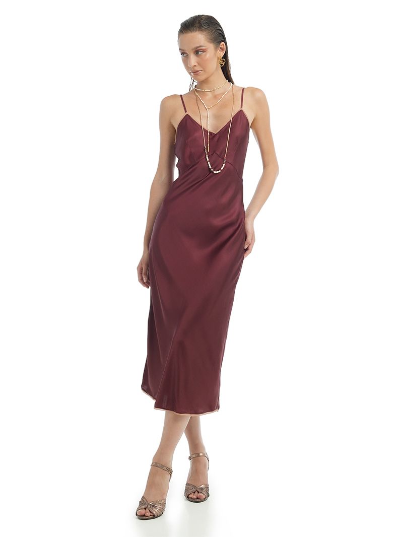 Melody Slip Midi Dress in Wine color styled with Margot heels, front view - worn by model