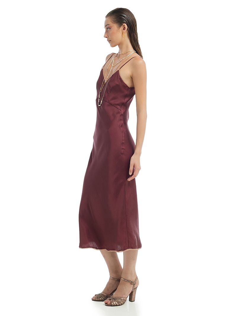 Melody Slip Midi Dress in Wine color styled with Margot heels, side view - worn by model