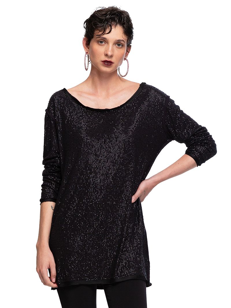 Nyx beaded mini black dress with black sequins, front close view - worn by model