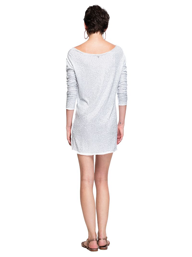 Nyx mini dress in white and silver sequins styled with Margot flats, back view - worn by model