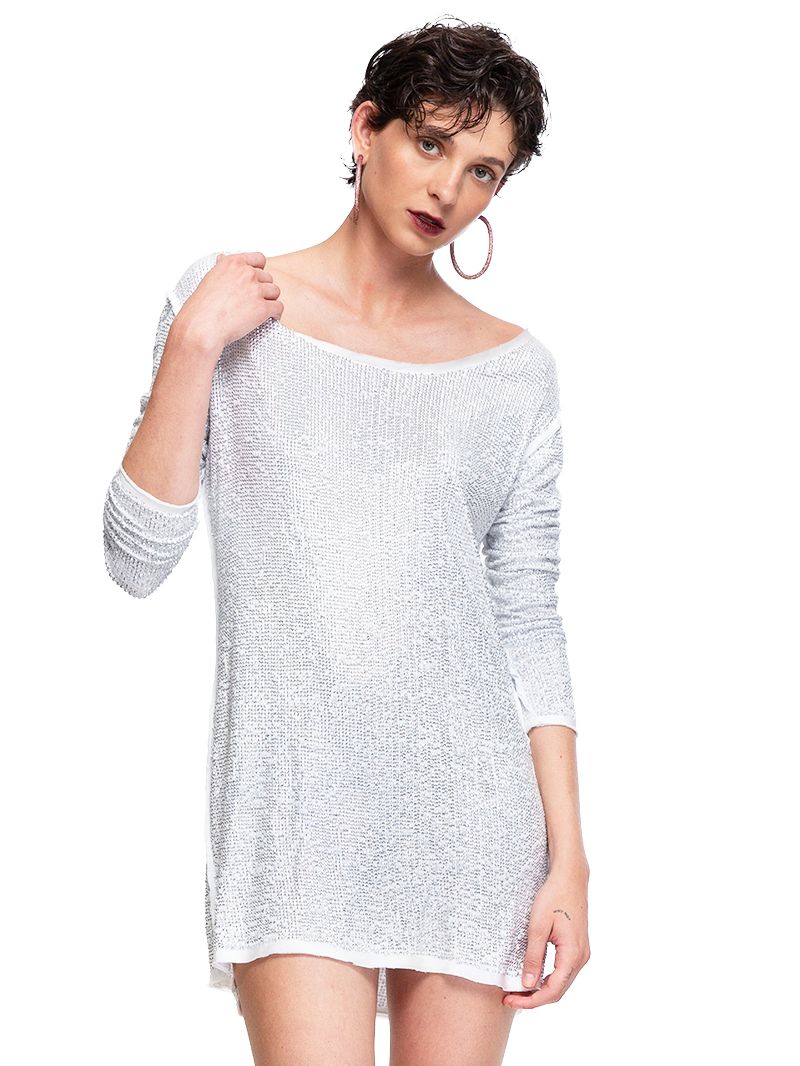 Nyx mini dress in white and silver sequins, front close view - worn by model