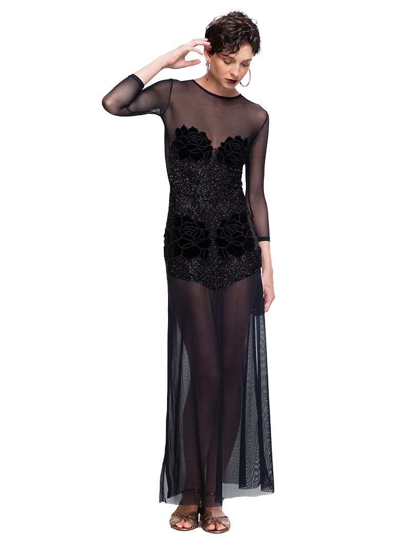 Rose Mesh Dress in Black | Hand Embroidered Evening Dress with Sheer Back   Lily Jean