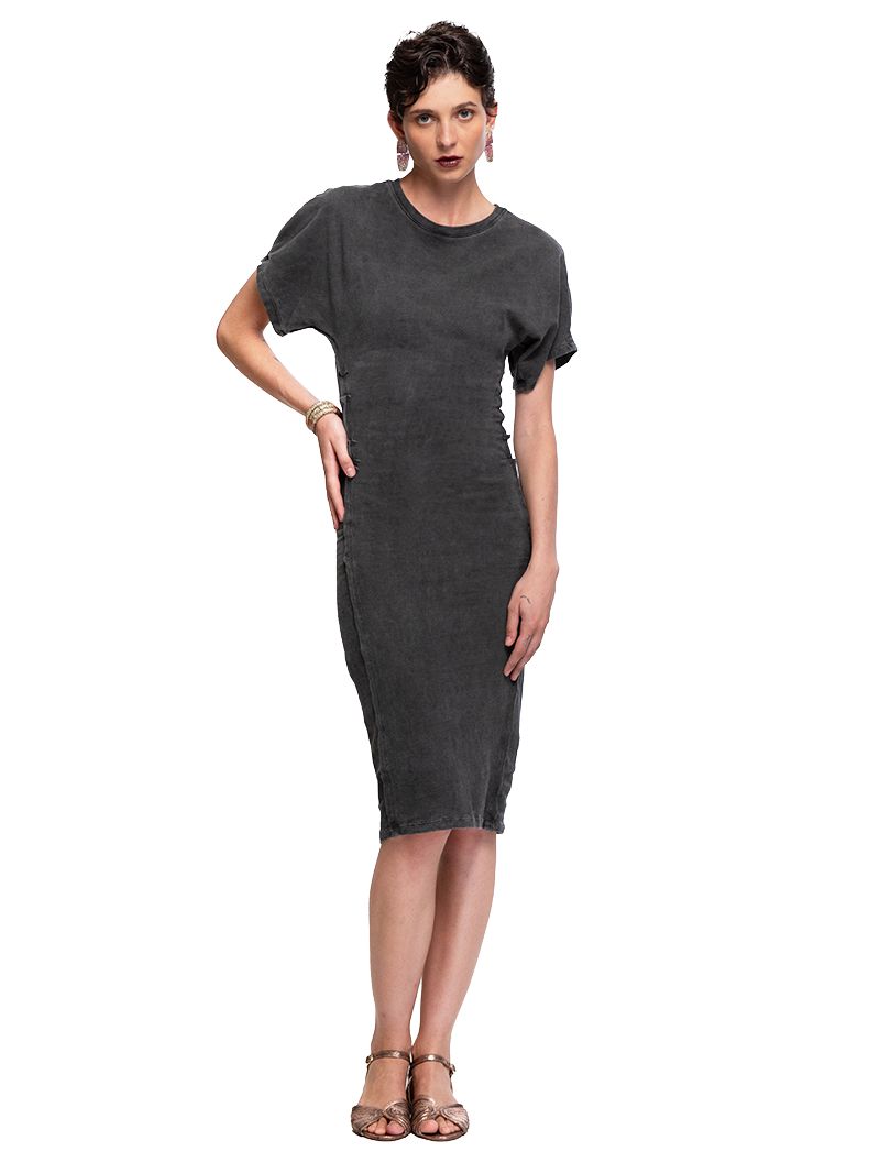 Selu midi dress in grey wash styled with Margot flats, front view - worn by model