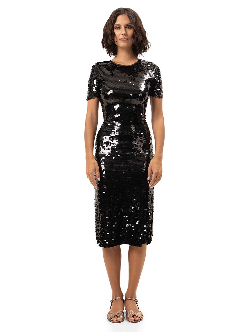 Venus black beaded midi dress styled with Margot flats, front view - worn by model