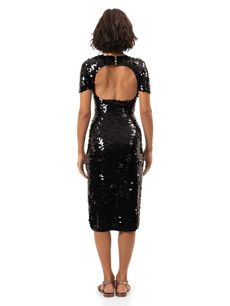 Venus black beaded midi dress styled with Margot flats, back view - worn by model