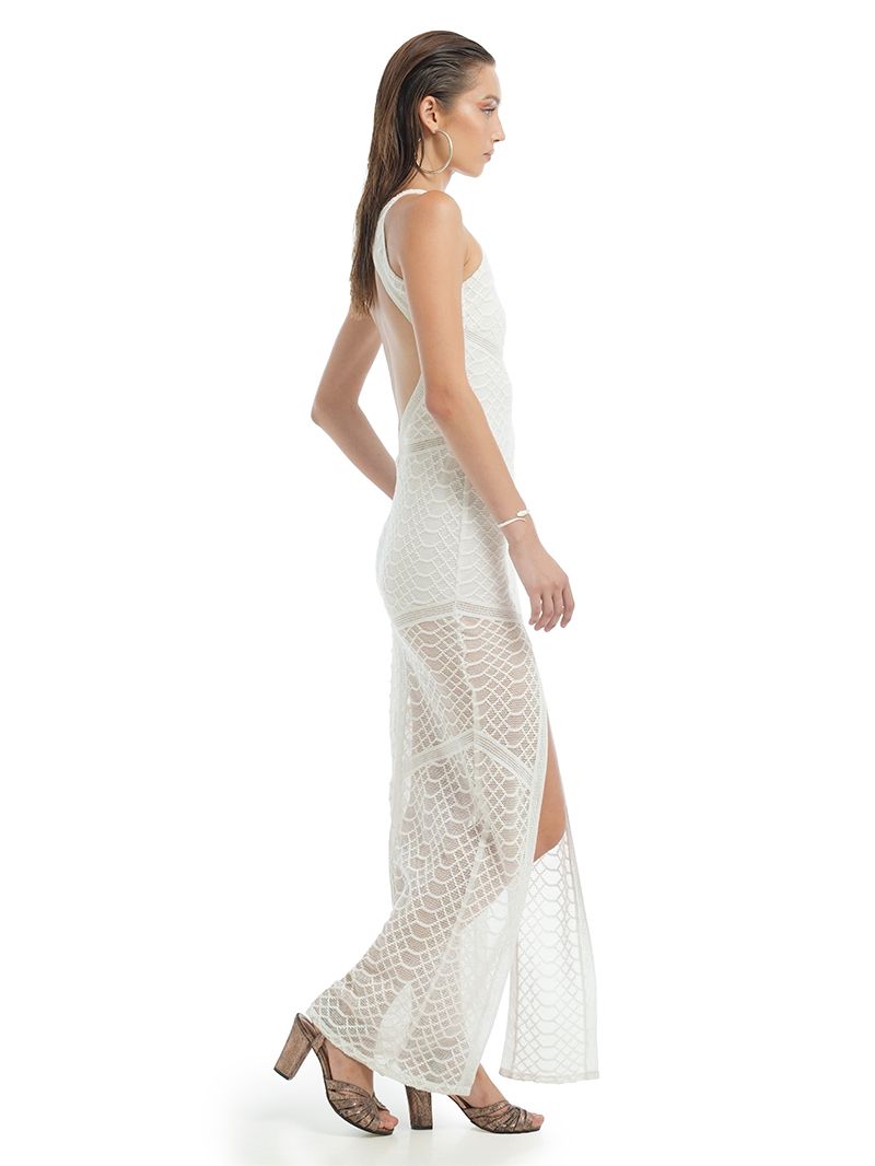 Cleo white maxi dress, side view - worn by model