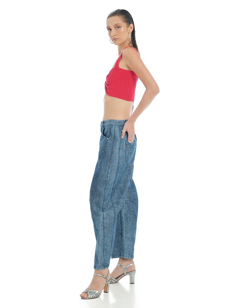 Alix Top Red styled with Catch Barrel Jeans, another side view - worn by model