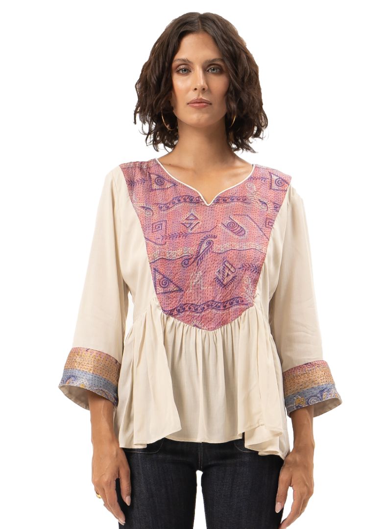 Kali patchwork tunic top, styled with Janis jeans, front close view - worn by model