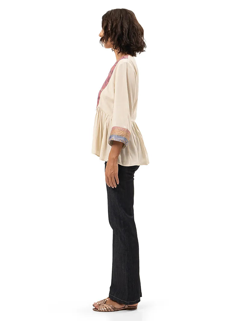 Kali patchwork tunic top styled with Janis jeans and Margot flats, side view - worn by model