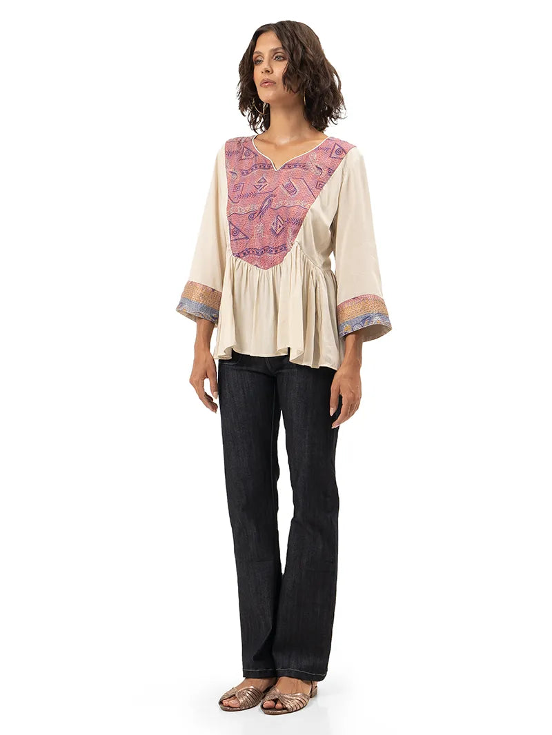 Kali patchwork tunic top styled with Janis jeans and Margot flats, front view - worn by model