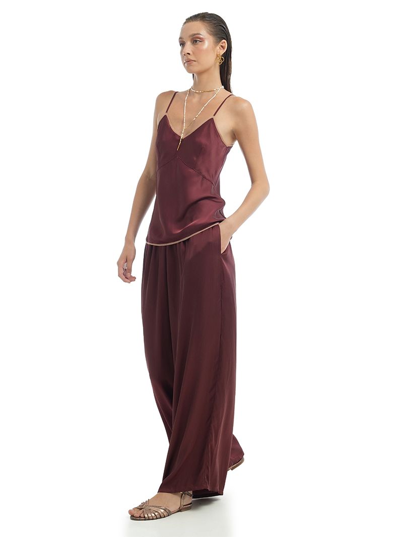 Melody Top in Wine color, styled with Lisa pants and Margot flats, front view - worn by model