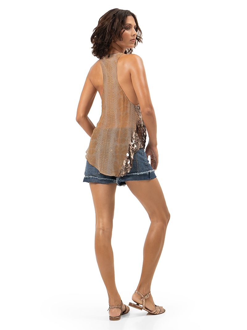 Scale sequin top in taupe styled with Baggy Daddy jeans shorts and Margot flats, back view - worn by model