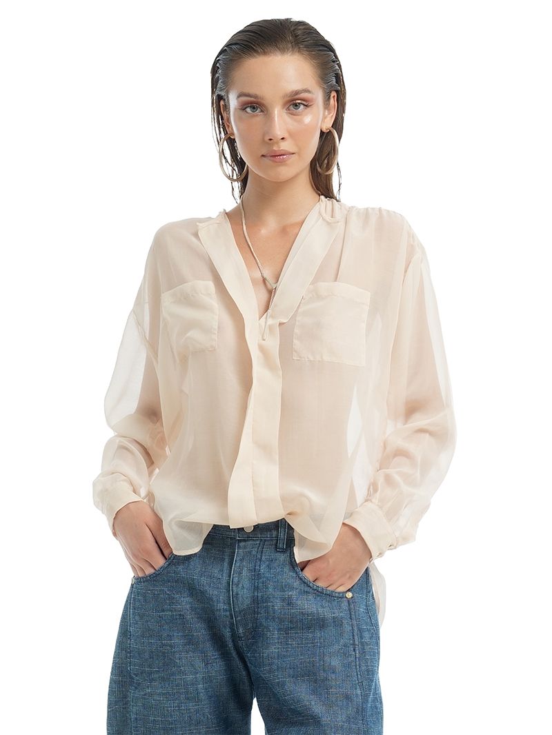 Silk Cotton Shirt in Blush – Close-up Front View - Lily Jean