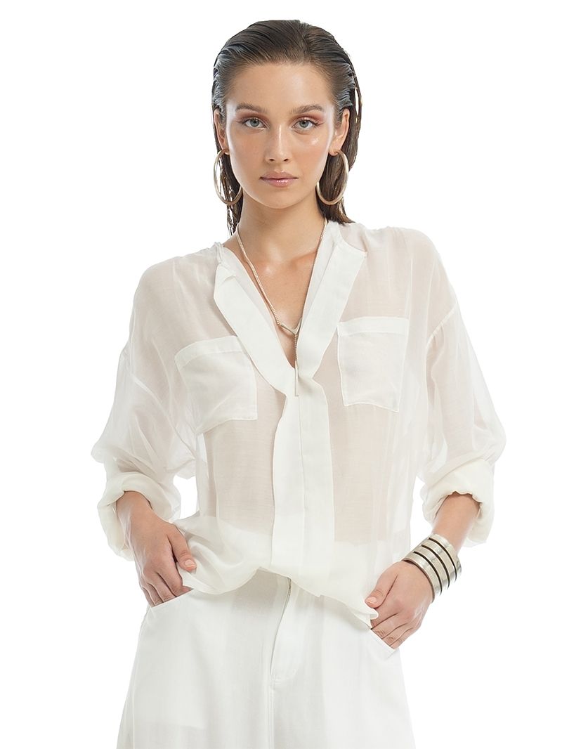 Silk cotton shirt in Natural color styled with Rua pants, front close view - worn by model