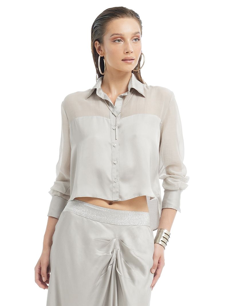Josie Shirt in Light Grey, styled with Alya Skirt, front view - worn by model