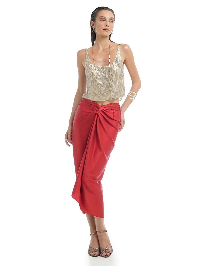 Shakti Midi Skirt in red styled with Hornet beaded top and Margot Heels, front view - worn by model