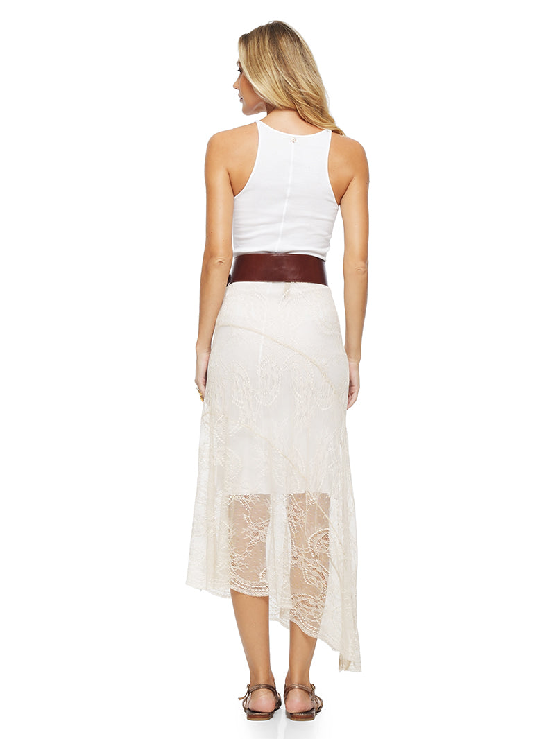 Vesta lace skirt in Titanium color, styled with Freya dress, Snake belt, and Margot flats, back view - worn by model