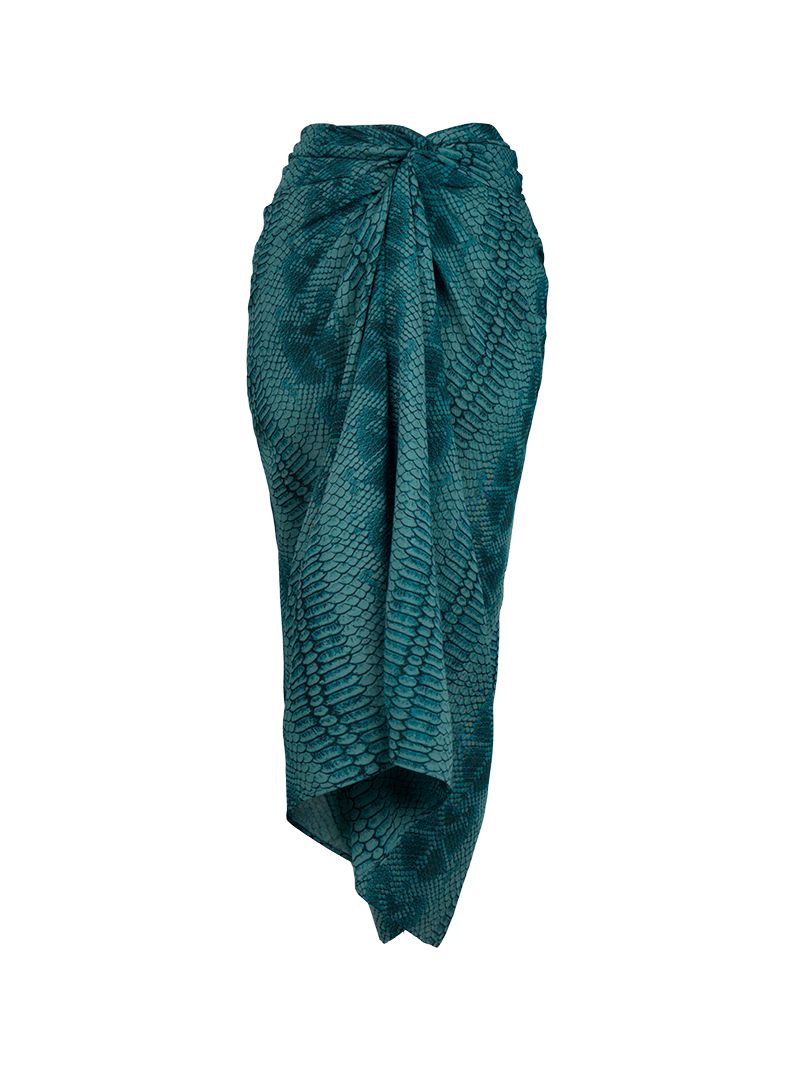Shakti Midi Skirt Snake Blue — front view, blue snake print, handcrafted in Bali, Lily Jean