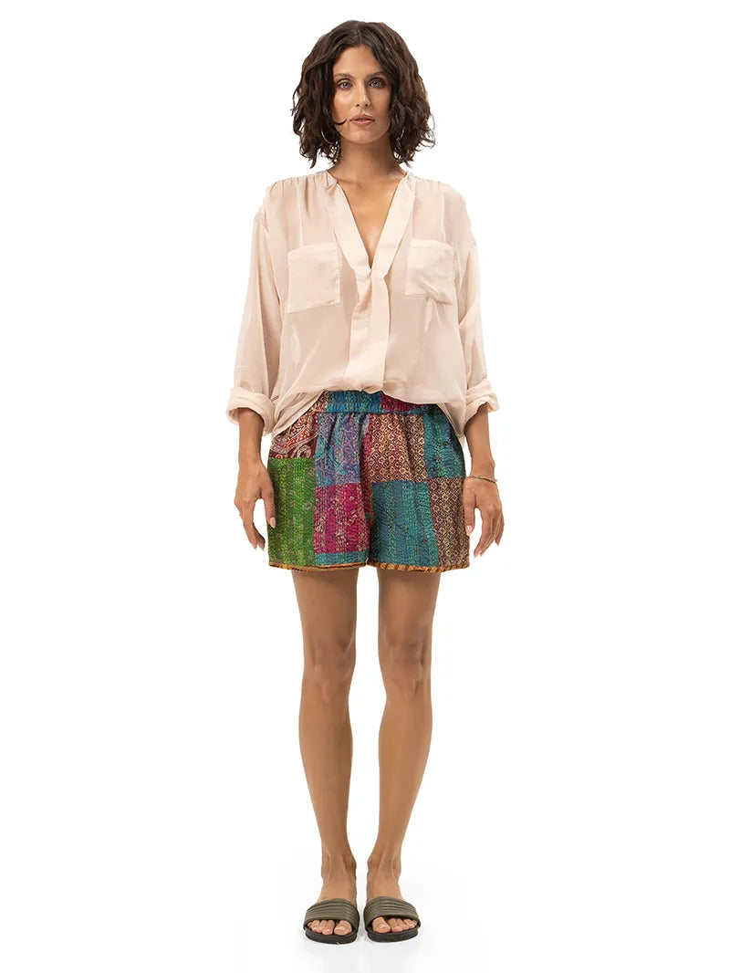 Arya shorts styled with Silk shirt and Flaviana slides, front view - worn by model