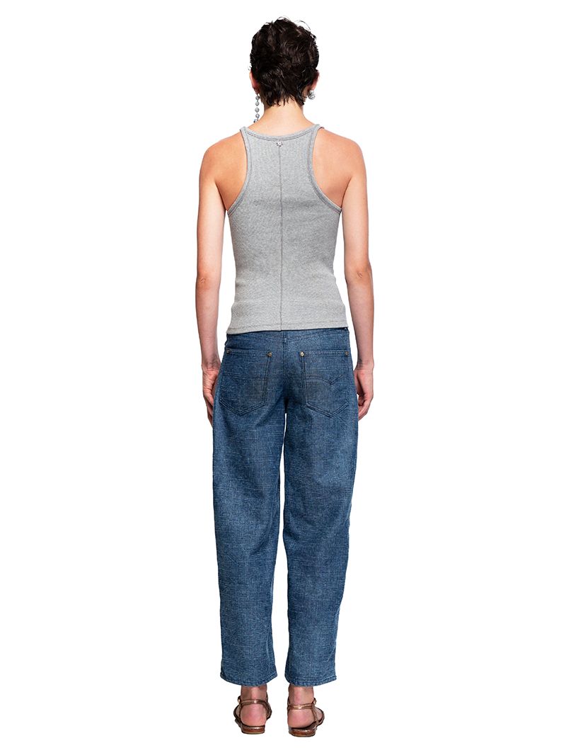 Baggy Daddy denim jeans styled with Rib tank in Misty and Margot flats, back view - worn by model