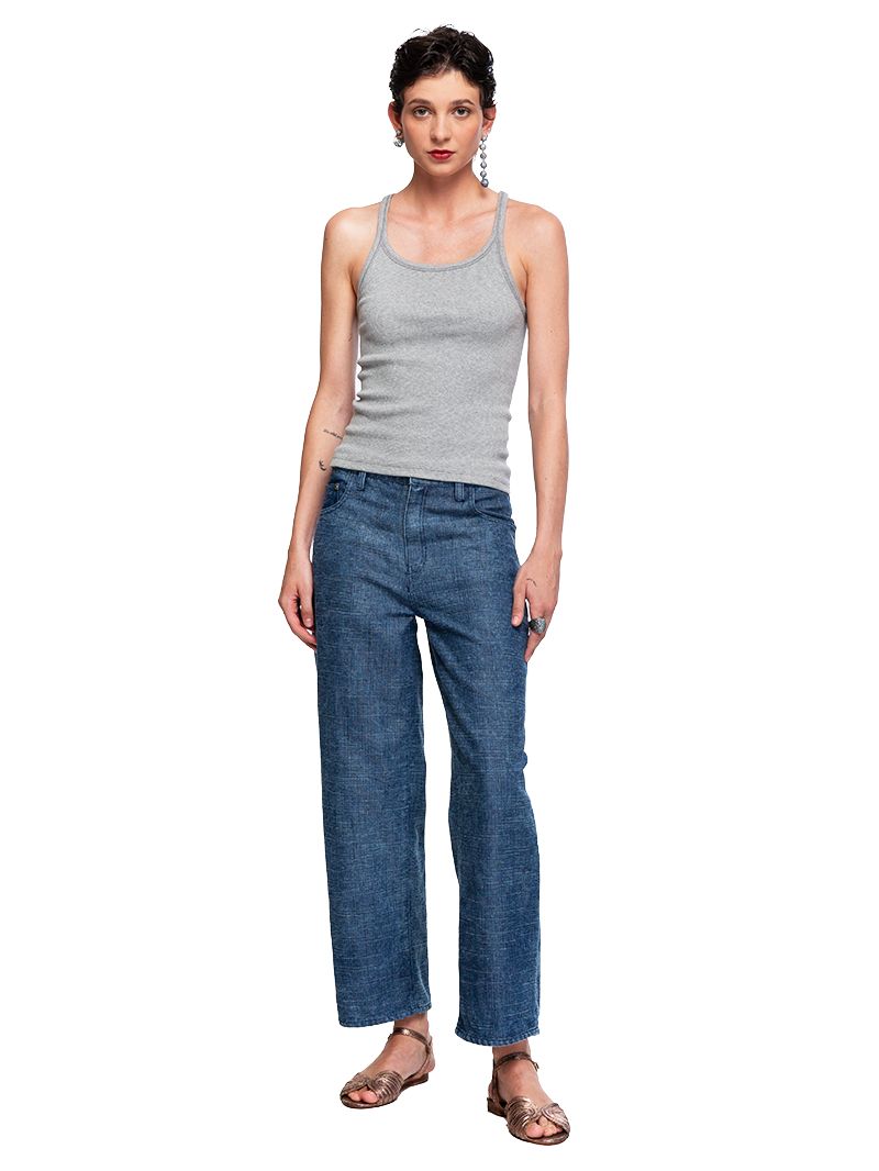 Baggy Daddy denim jeans styled with Rib tank in Misty and Margot flats, front view - worn by model