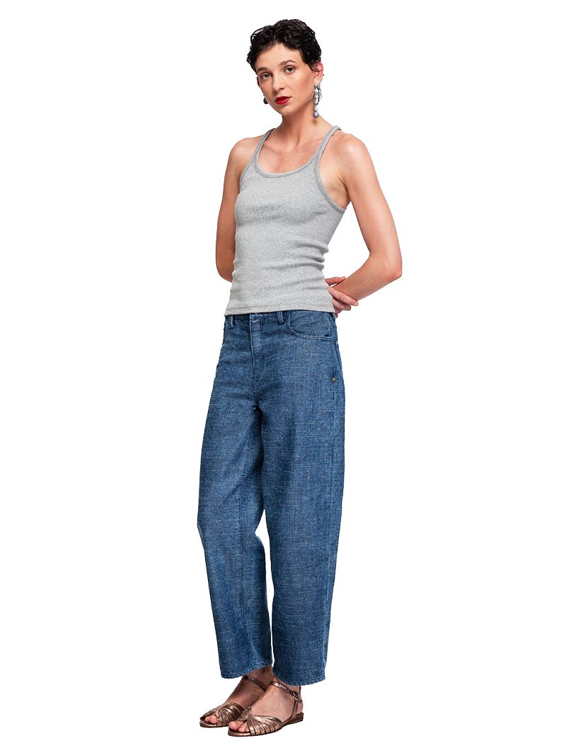 Baggy Daddy denim jeans styled with Rib tank in Misty and Margot flats, side view - worn by model