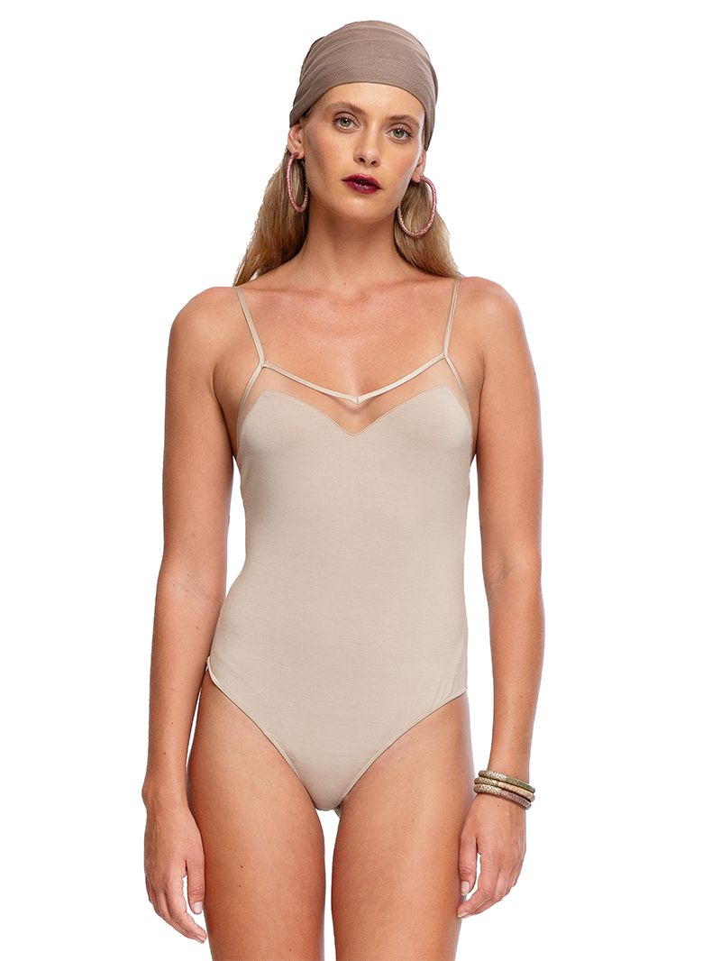 Dega Bodysuit in taupe, front close view - worn by model
