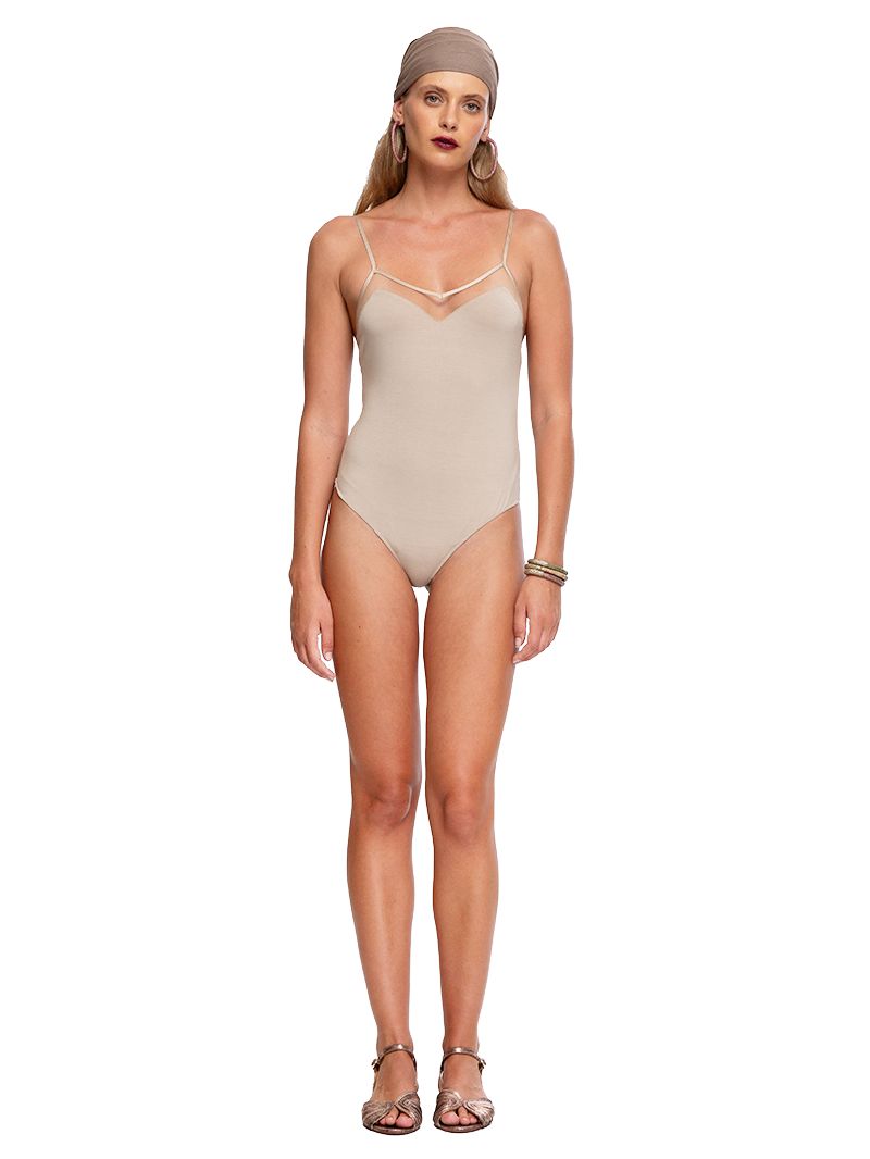 Dega Bodysuit in taupe, front view - worn by model