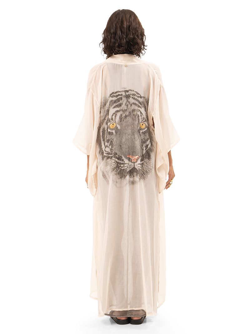 Adri Tiger kimono in blush color styled with High black bikini set, Besi dress and Flaviana slides, back view - worn by model