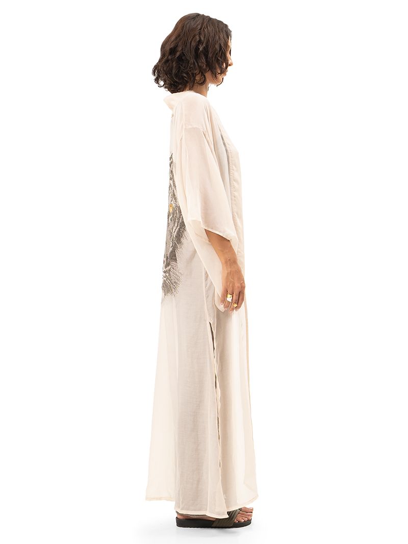 Adri Tiger kimono in blush color styled with High black bikini set, Besi dress and Flaviana slides, side view - worn by model