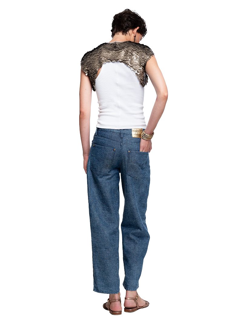 Armour sequin vest wtyled with white rib tank and Baggy Daddy jeans and Margot flats, back view - worn by model